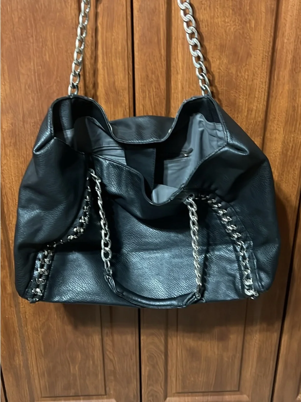 Black Faux Leather Chain-Handle Women's Tote